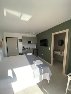 a bedroom with a large white bed and green walls at Aphrodite Suite byArtistUnknown in Vari