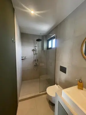 a bathroom with a shower and a toilet and a sink at Aphrodite Suite byArtistUnknown in Vari