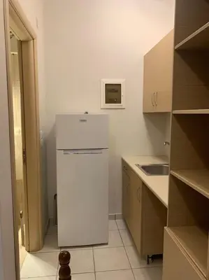 a kitchen with a white refrigerator and a sink at Vasiliki’s Guesthouse II in Athens