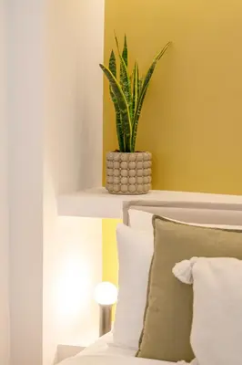 a plant in a pot on a shelf above a bed at Plaka Apartments - Acropolis View in Athens