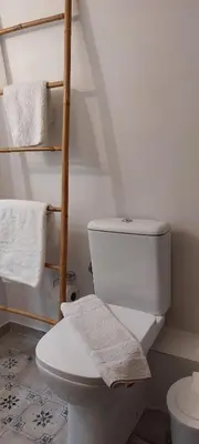 a bathroom with a white toilet and towel racks at Magnolia Apartment -4BD , 1.5 BT in Athens