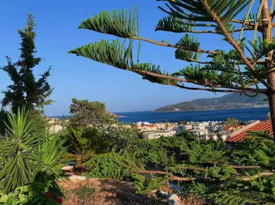 a view of a city with trees and the ocean at Studio with unique view near the beach! in Porto Rafti