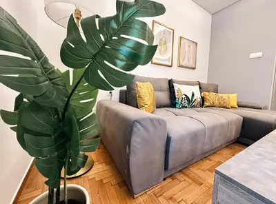 a living room with a couch and a plant at Acropolis Aria Apartment-Steps to Metro & Tram in Athens