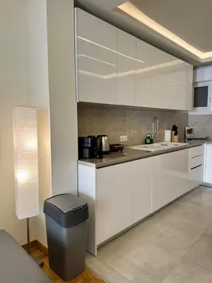 a kitchen with white cabinets and a trash can at Kypseli Contemporary Comfort for 6 in Athens