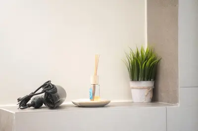 a shelf with a candle and a plant on it at Three Bedroom Stylish Apt next to Acropolis in Athens