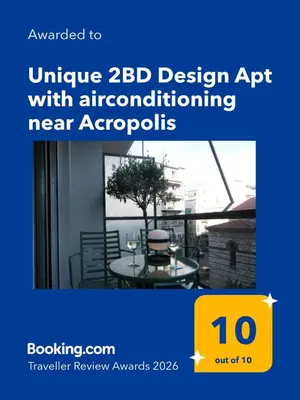a screenshot of an ad for a bdg design app at Unique 2BD Design Apt with airconditioning near Acropolis in Athens