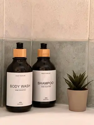 two bottles of body wash and a potted plant at Saronida365 Sea & Sunset view in Saronida