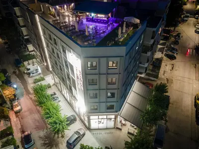 an overhead view of a building with a bar at Athens Hawks Urban in Athens