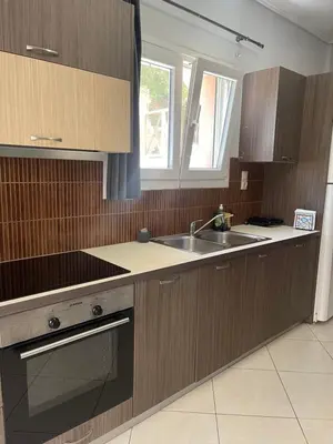 a kitchen with wooden cabinets and a sink at Medusa Apartment in Artemida
