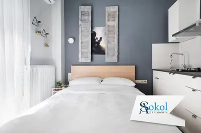 a bedroom with a white bed and a blue wall at A comfortable small studio nearby Acropolis 5 in Athens