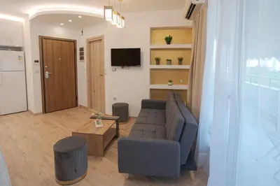 a living room with a couch and a tv at Cozy Apartments near the Port of Piraeus in Piraeus