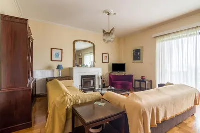 a living room with two couches and a fireplace at Spacious Apt Next to Marina Flisvo in Athens