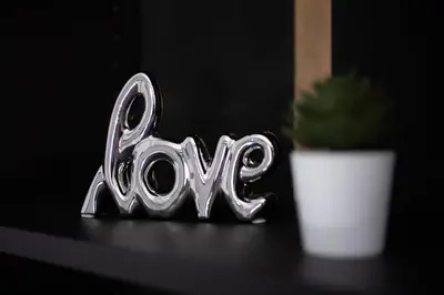 a shiny silver word love sitting next to a plant at Majestic and spacious apartment near Acropolis in Athens