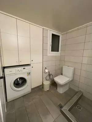 a small bathroom with a washing machine and a toilet at Kate's Nest Athens in Athens
