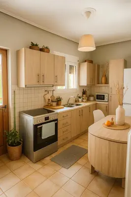 a kitchen with a stove and a table in it at Sunny Escape in Alimos, close to the beach in Athens