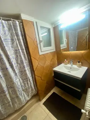 a bathroom with a sink and a shower curtain at Sweety Flat Marina Zeas Piraeus in Piraeus