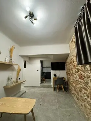 a living room with a ceiling fan and a stone wall at Charming 2BR Basement near Akropolis Athens by Kozy Koala in Athens