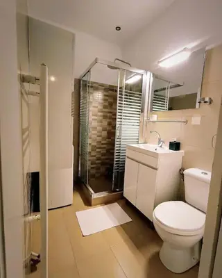 a bathroom with a toilet and a sink and a shower at Cozy Garden House in the center of Glyfada in Athens