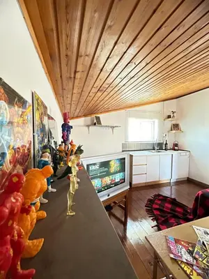 a living room with a table and a television at Boomers Attic Athens in Koropíon