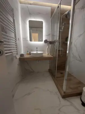 a bathroom with a sink and a shower at Maddie's Apartment in Athens