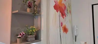 a room with two shelves with potted plants on them at Maddie's Apartment in Athens