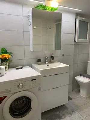 a bathroom with a washing machine and a sink at Athens Flower Paradise near Acropoli in Athens