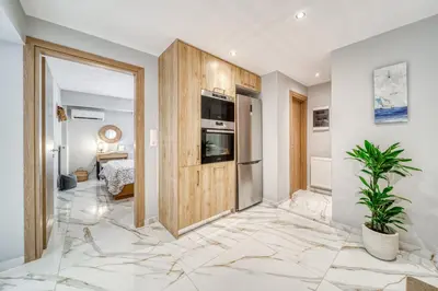 a living room with a kitchen and a room with a plant at Athens Riviera, seaview, beachfront, Lux Apartment on Starbucks building in Athens