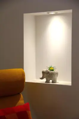 a plant in a vase on a shelf in a room at 