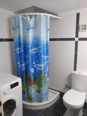 a bathroom with a shower curtain with a toilet at Classical beauty near Acropolis! in Athens