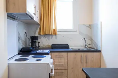 a small kitchen with a stove and a sink at Olvios Attiki Metro in Athens