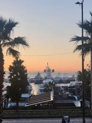 a marina with boats in the water and palm trees at D-Marin Zea Marina 2 Bedroom in Piraeus