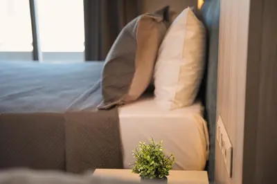 a hotel room with a bed with pillows and a plant at Wellnest Hotel in Athens