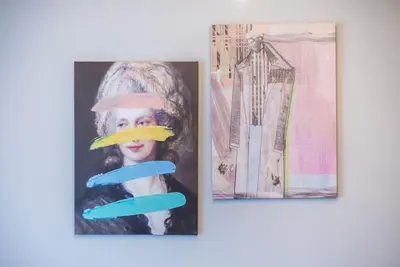 two photographs of a woman with a hat and a piece of paper at Elegant & Spacious Apartment in Athens