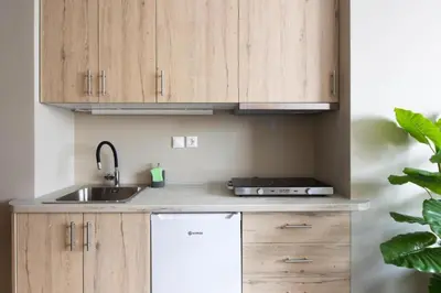 a kitchen with wooden cabinets and a sink at The Acropolis Pathway in Athens
