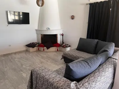 a living room with a couch and a fireplace at Athens Palaia Fokaia Entire Flat 2 bedrooms with panoramic sea views and a massive veranda , only steps away from the beach and amenities in Palaiá Fókaia