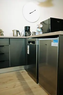 a kitchen with black and stainless steel appliances at Elegant 42sqm Apartment in Lycabettus in Athens