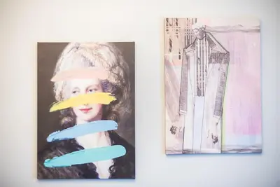 two pictures of a little girl with a hat and scissors at Superior Αpartment in Athens
