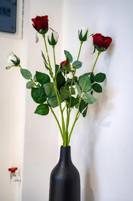 a black vase with red and white roses in it at Cozy Studio at Vyronas for 2 pers by MPS in Athens