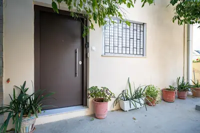 a door with potted plants in front of a house at Cozy Studio at Vyronas for 2 pers by MPS in Athens