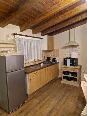 a kitchen with a refrigerator and a stove top oven at St'Georges garden house in Palaiá Fókaia