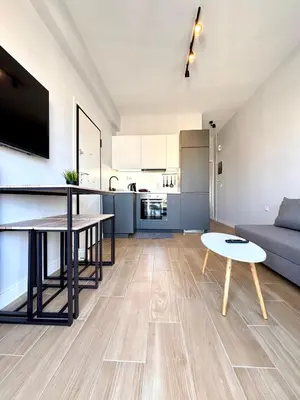 a living room with a table and a couch at Athens penthouse with akropolis view! in Athens