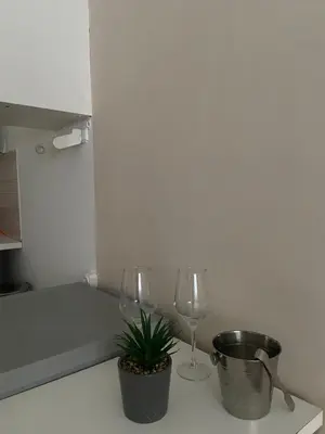 a kitchen with two wine glasses and a potted plant at Heart of Athens Monastiraki in Athens
