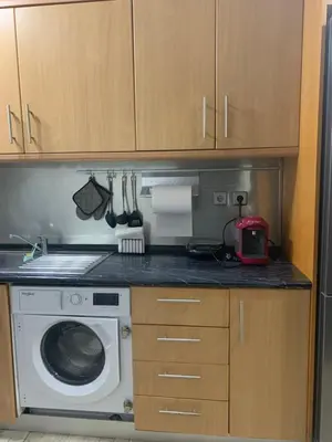 a kitchen with a stove and a washing machine at Dori's Seaside Apartment in Athens