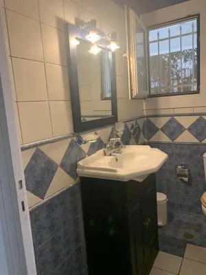 a bathroom with a sink and a mirror at Dori's Seaside Apartment in Athens