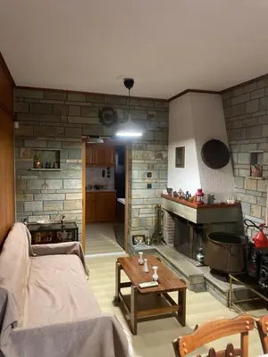 a living room with a couch and a fireplace at Billy & Andrianna Villa Lagonisi in Kalívia Thorikoú