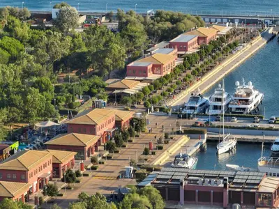 an aerial view of a marina with boats docked at Flisvos Beach Studio in Athens