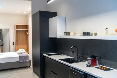 a kitchen with a sink and a bed in a room at Urbanlux Boutique Apartments in Athens