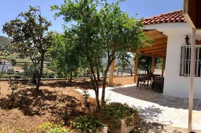 a house with a table and trees in the yard at Fysis Panorama spectacular view in Porto Rafti