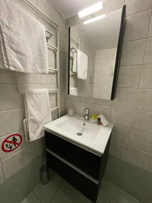 a bathroom with a sink and a mirror at Green studio near Acropolis in Athens