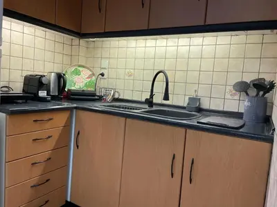 a kitchen with a sink and a counter top at Green studio near Acropolis in Athens